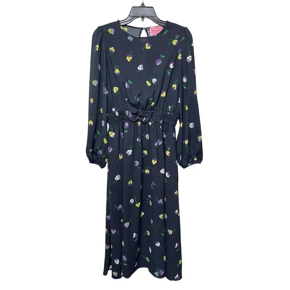 Kate Spade New York Pansy Floral Smocked Midi Dress Navy Blue Long Sleeve S